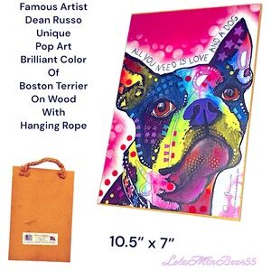 FAMOUS ANIMAL ARTIST DEAN RUSSO’S VIBRANT POP ART UNIQUE BOSTON TERRIER ON WOOD